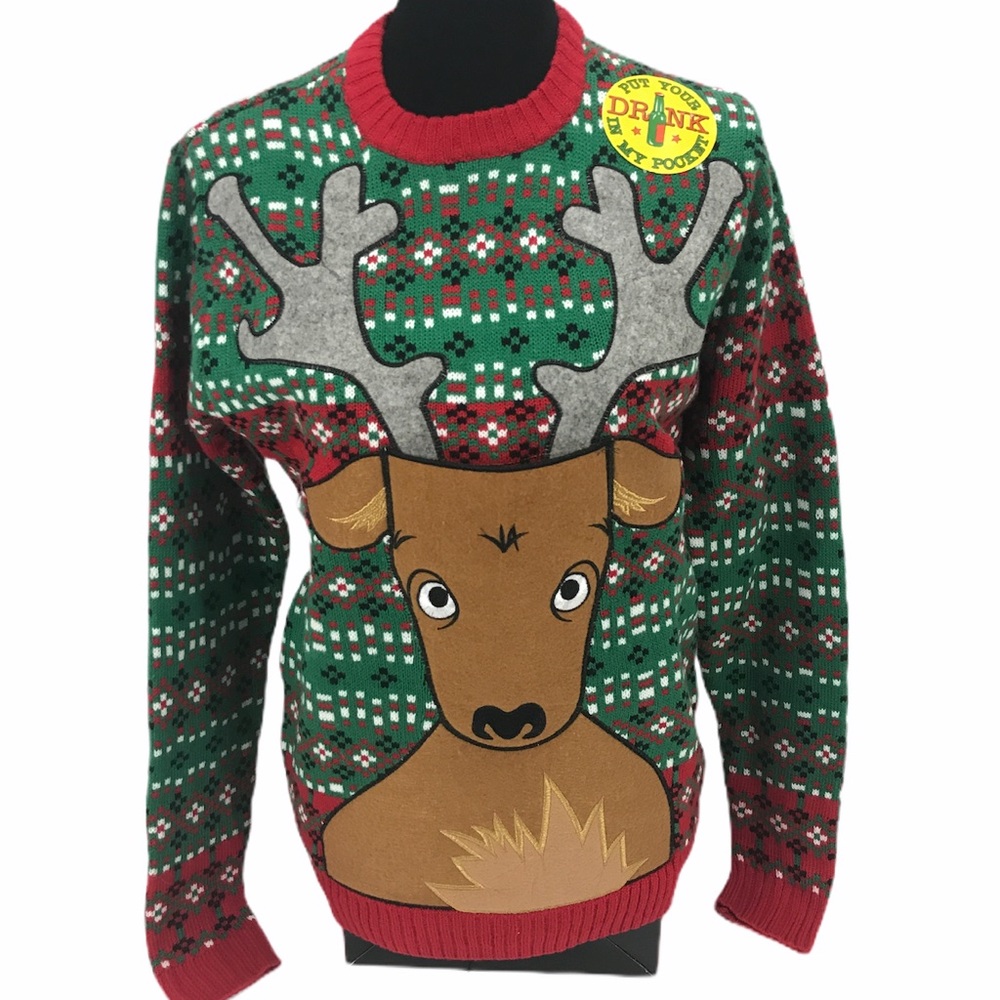 Blizzard Bay Reindeer Drink Holder Xmas Sweater, Green, Red,